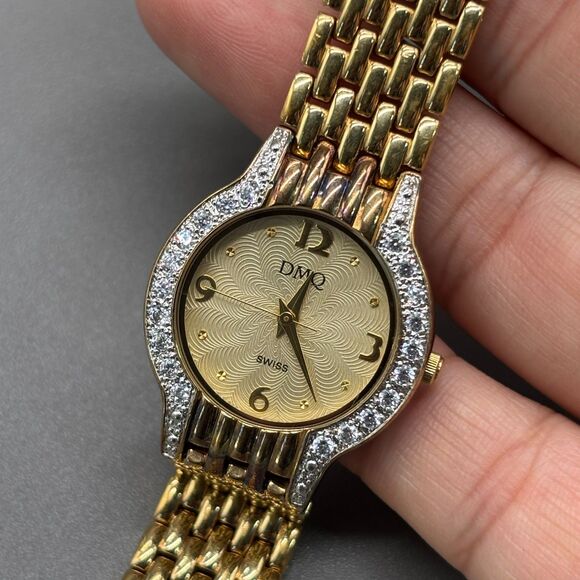 Ladies DMQ Swiss Quartz Gold Tone Watch Cubic Zirconia Bezel Bracelet Band WORKS - Picture 6 of 12